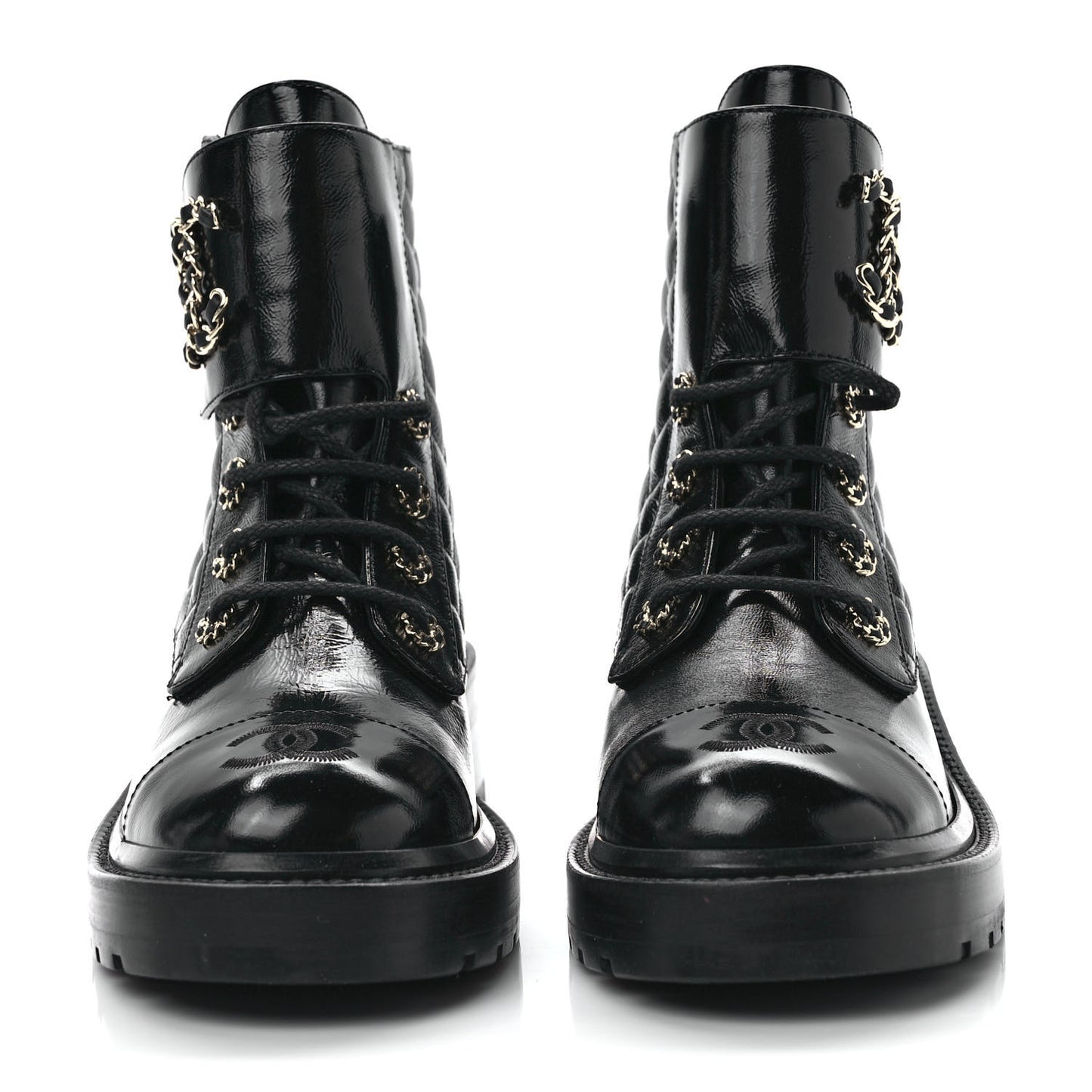 Shiny Calfskin Quilted Lace Up Combat Boots 37.5 Black