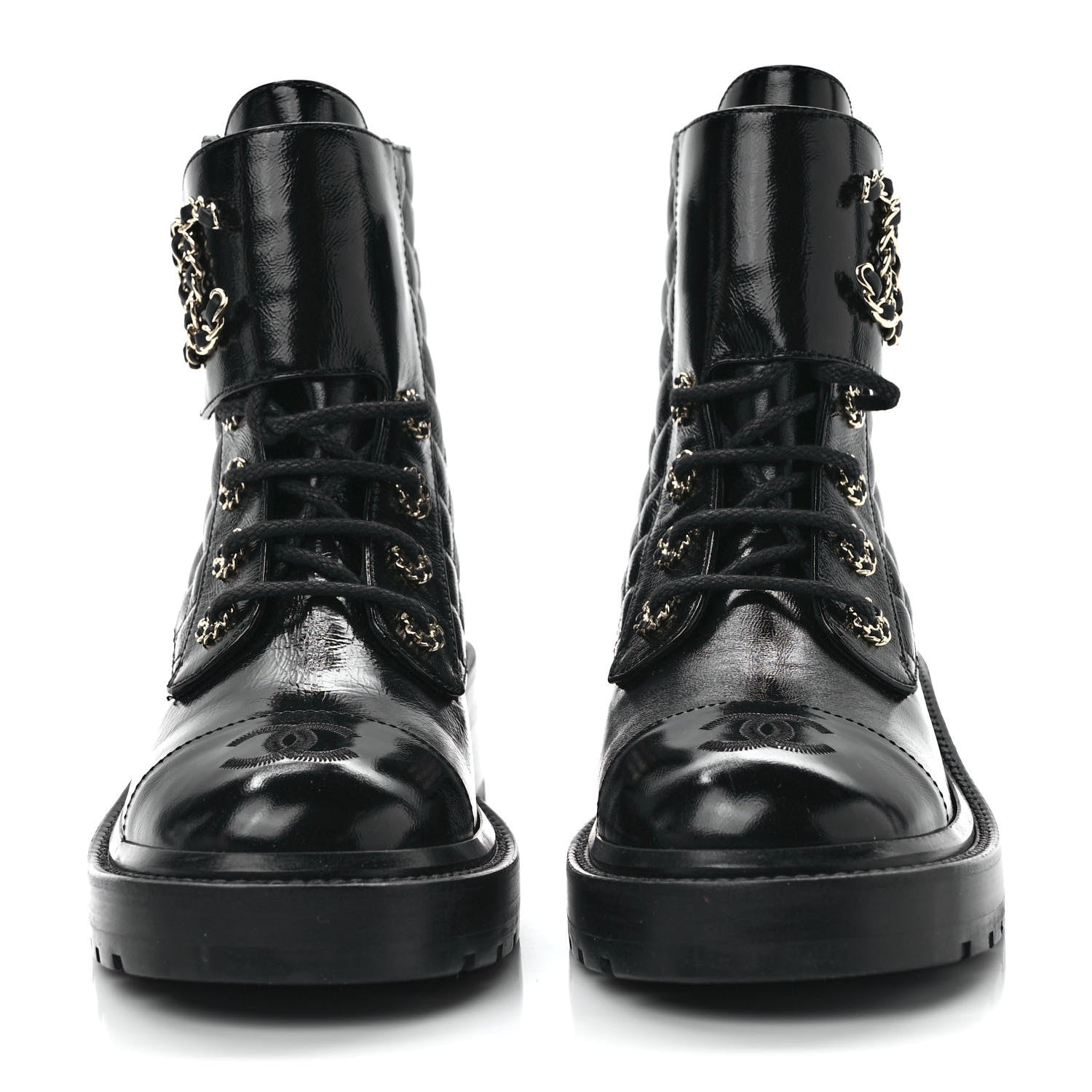 Chanel Shiny Calfskin Quilted Lace Up Combat Boots 37.5 Black 2 of 9