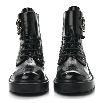 Chanel Shiny Calfskin Quilted Lace Up Combat Boots 37.5 Black 2 of 9