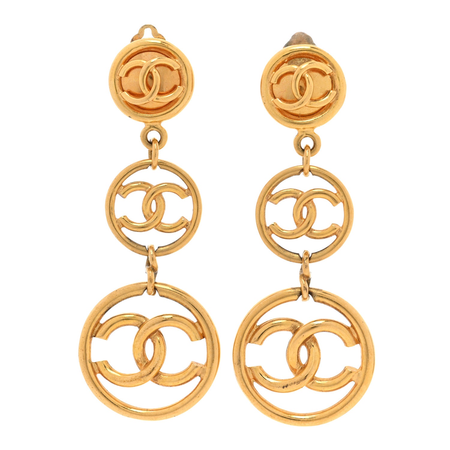 Chanel Metal CC Circle Long Drop Clip On Earrings Gold 1 of 8