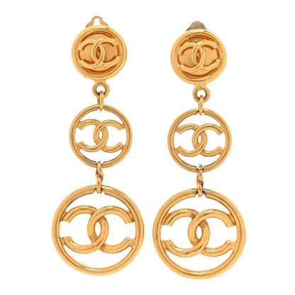 Chanel Metal CC Circle Long Drop Clip On Earrings Gold 1 of 8