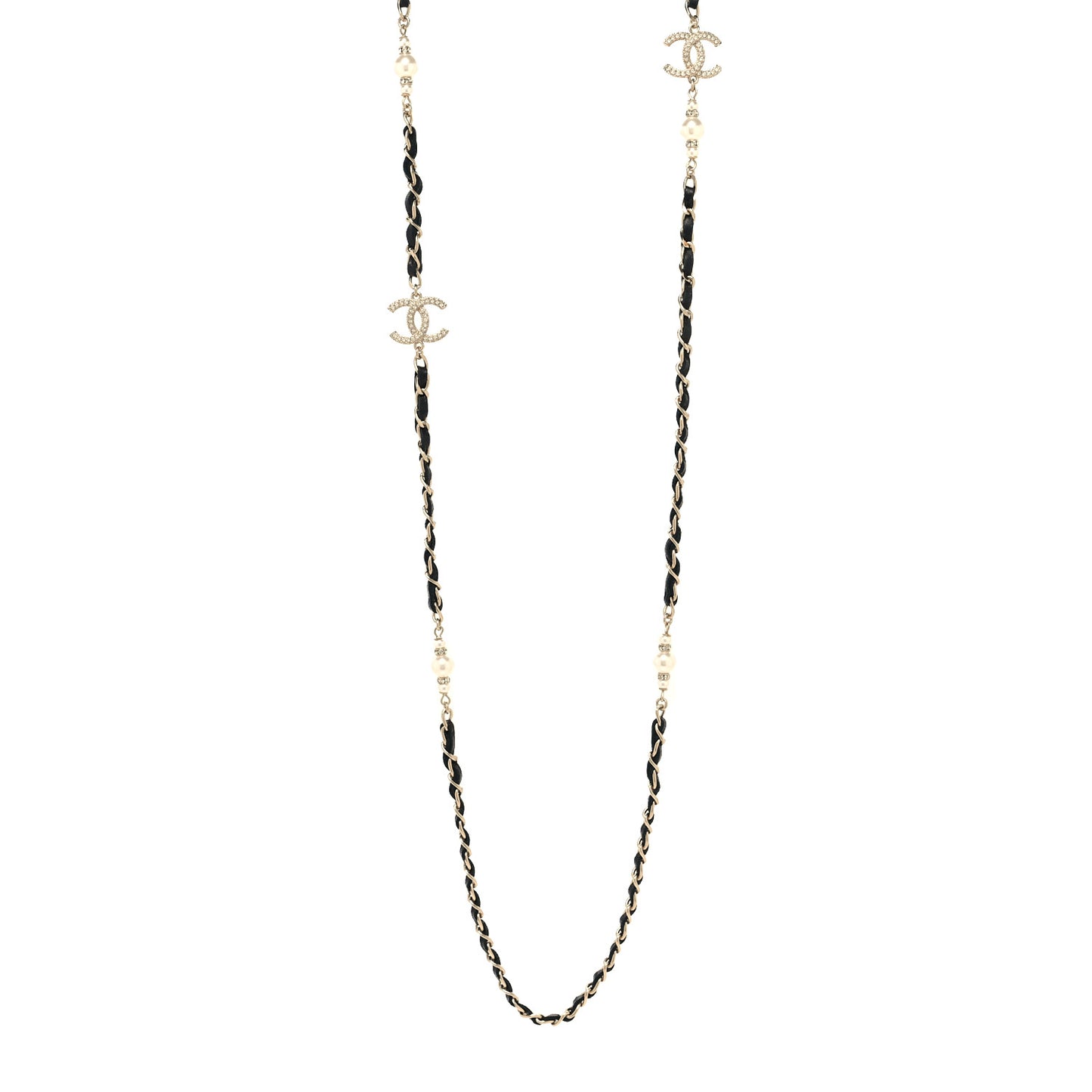 Lambskin Pearl CC Long Chain Necklace Black Gold