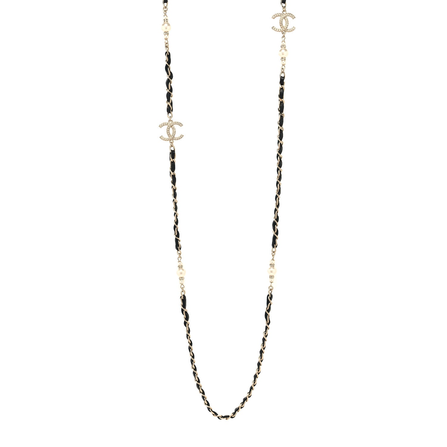 Chanel Lambskin Pearl CC Long Chain Necklace Black Gold 1 of 5