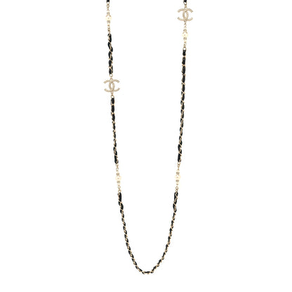 Chanel Lambskin Pearl CC Long Chain Necklace Black Gold 1 of 5