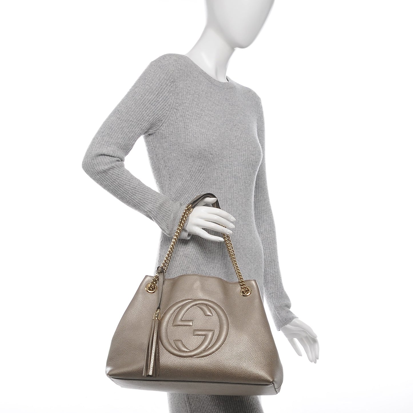 Metallic Pebbled Calfskin Medium Soho Chain Shoulder Bag Golden Beige