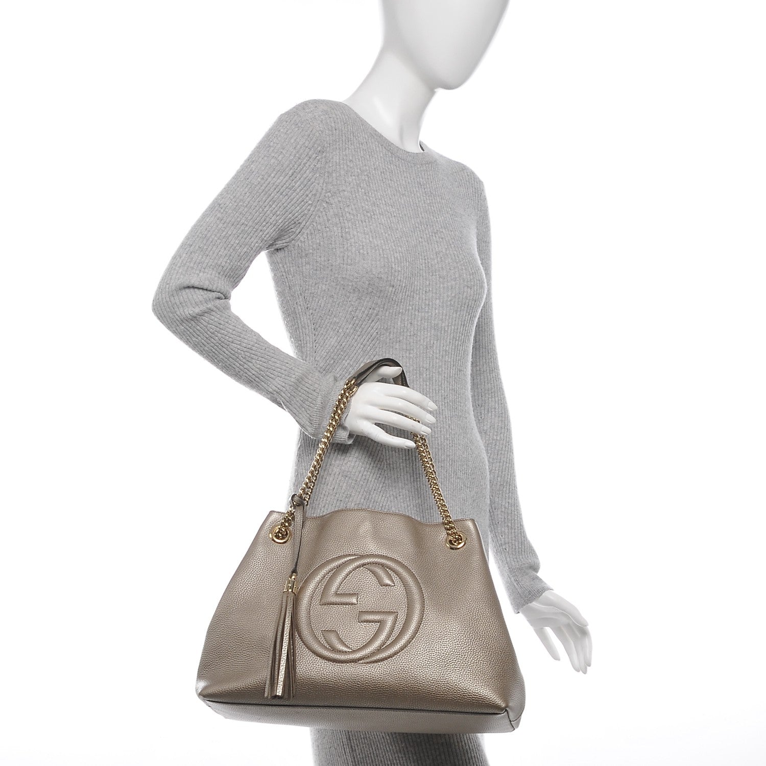 Gucci Metallic Pebbled Calfskin Medium Soho Chain Shoulder Bag Golden Beige 2 of 7