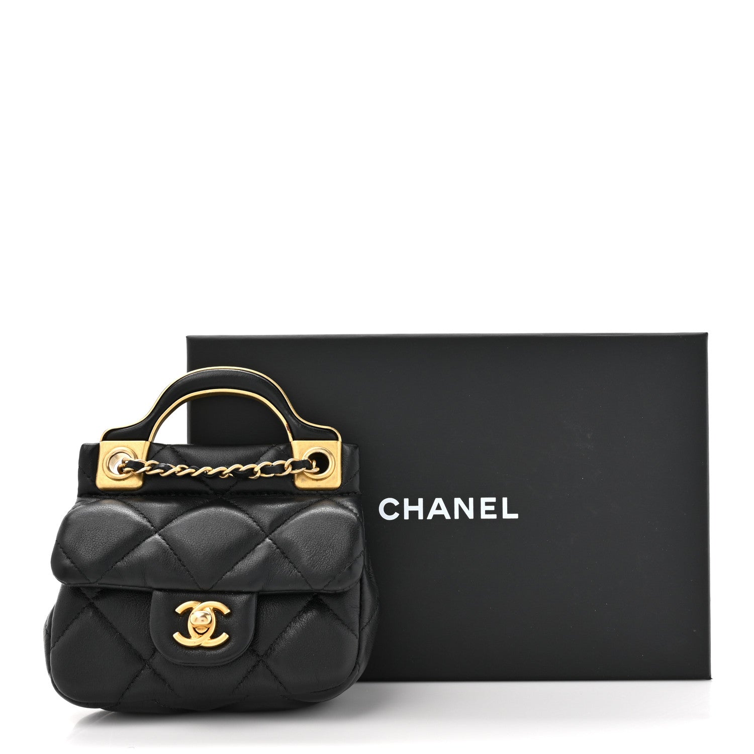 Chanel Calfskin Quilted Lady Handle Flap Card Holder With Chain Black 12 of 12