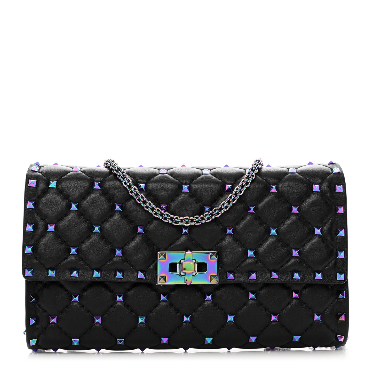 Lambskin Oil Slick Rockstud Spike Wallet on Chain Black