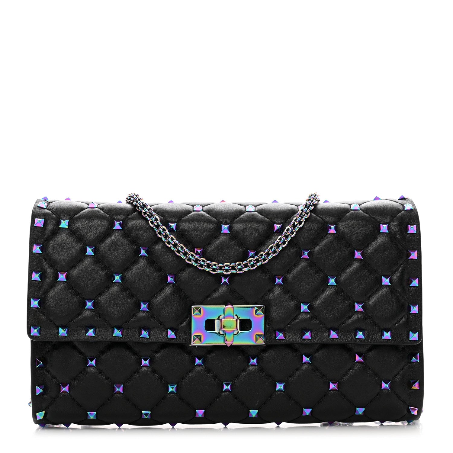 Valentino Garavani Lambskin Oil Slick Rockstud Spike Wallet on Chain Black 1 of 15