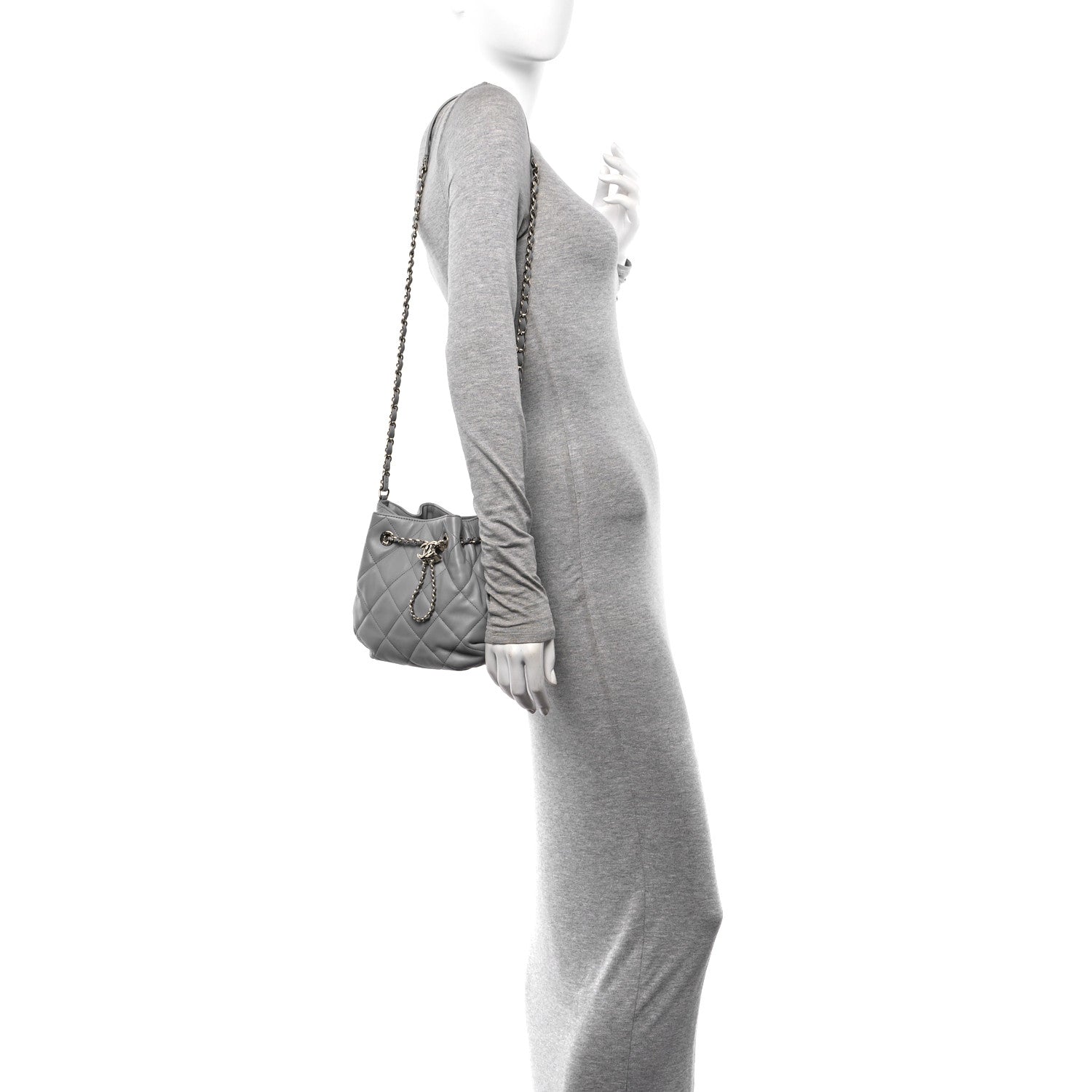 Chanel Lambskin Quilted CC Dweller Drawstring Bucket Bag Light Grey 2 of 11