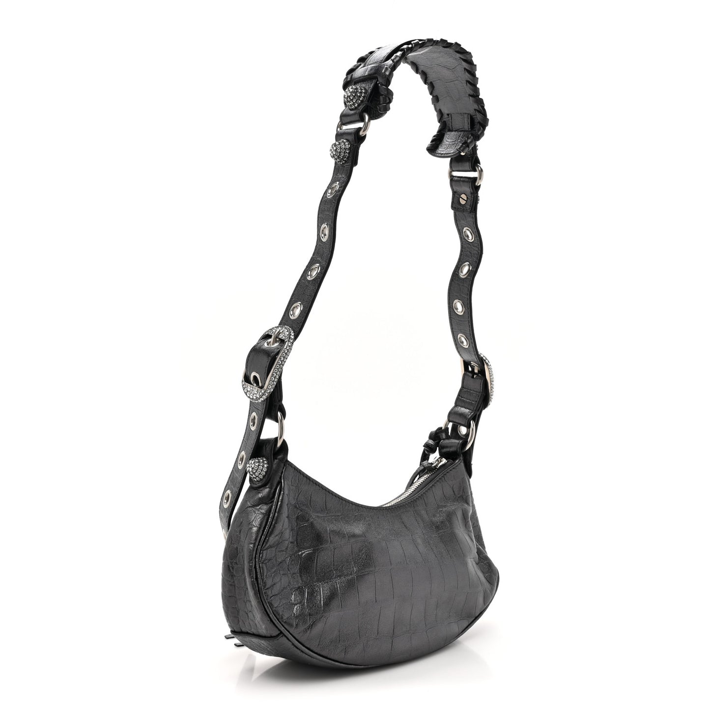 Metallic Calfskin Crocodile Embossed Crystal Le Cagole Shoulder Bag XS Gunmetal