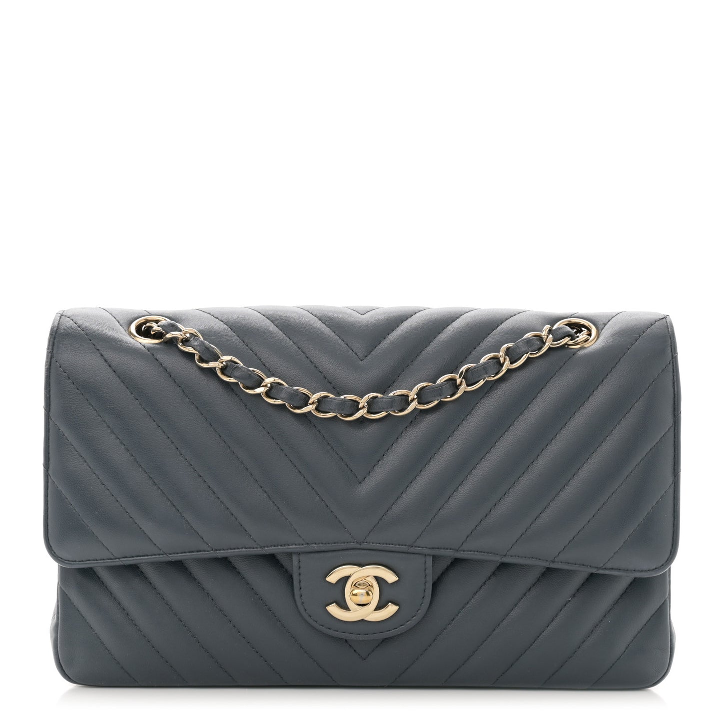 Lambskin Chevron Quilted Medium Double Flap Dark Grey