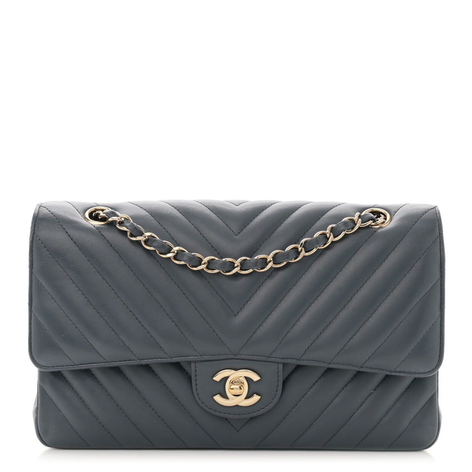 Chanel Lambskin Chevron Quilted Medium Double Flap Dark Grey 1 of 16
