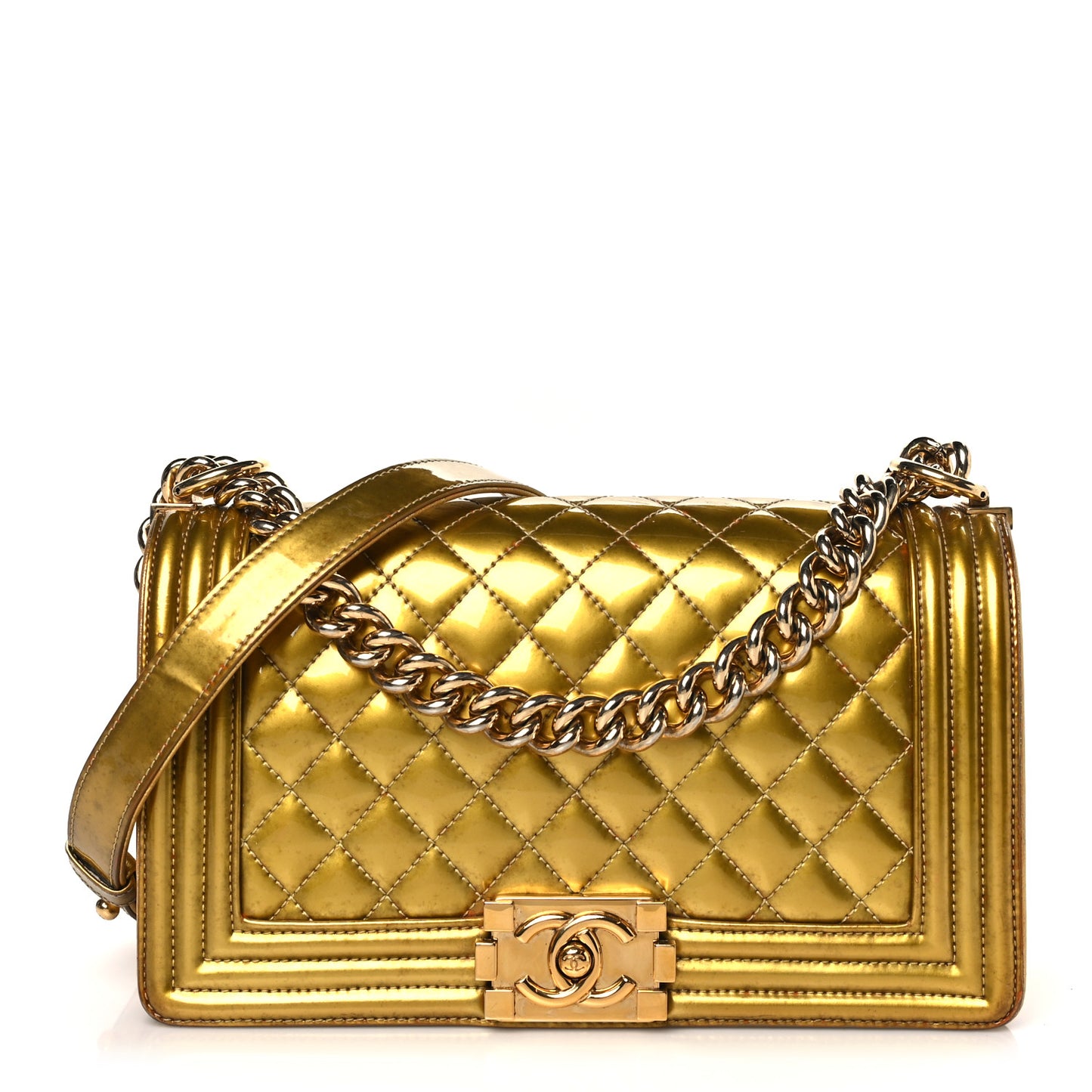 Metallic Patent Calfskin Quilted Medium Boy Flap Gold