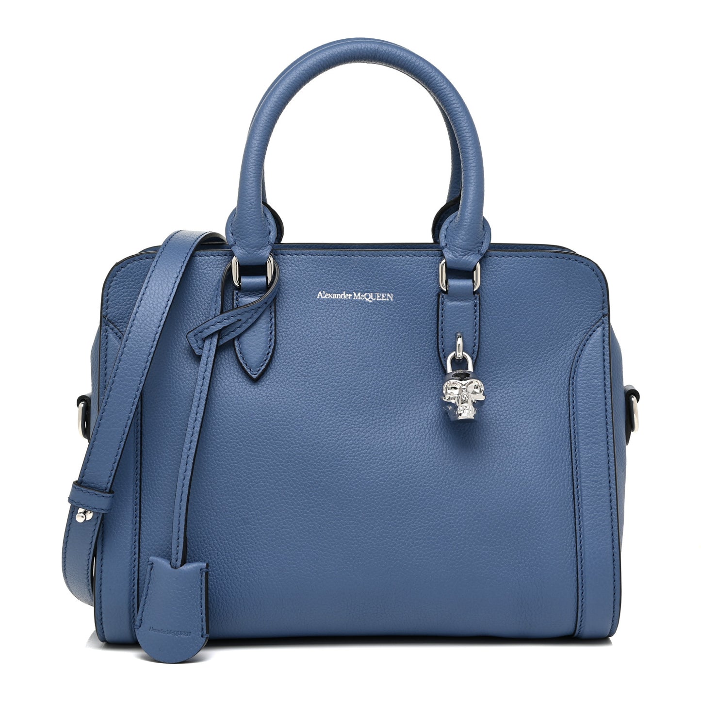 Pebbled Calfskin Small Skull Padlock Zip Around Tote Blue
