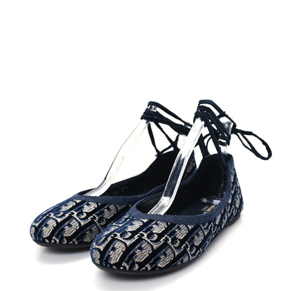 Christian Dior Velvet Oblique Poeme Laced Ballerina Flats 37.5 Deep Blue 4 of 9
