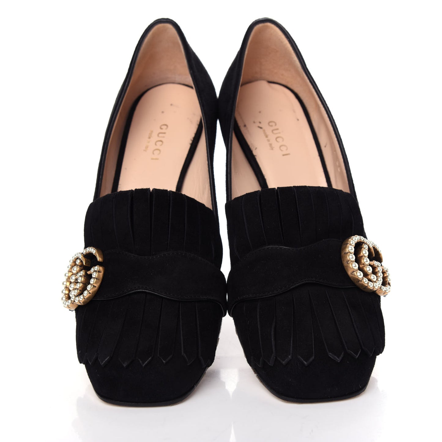 Kid Scamosciato Pearly GG Marmont Fringe 50mm Loafer Pumps 36 Black