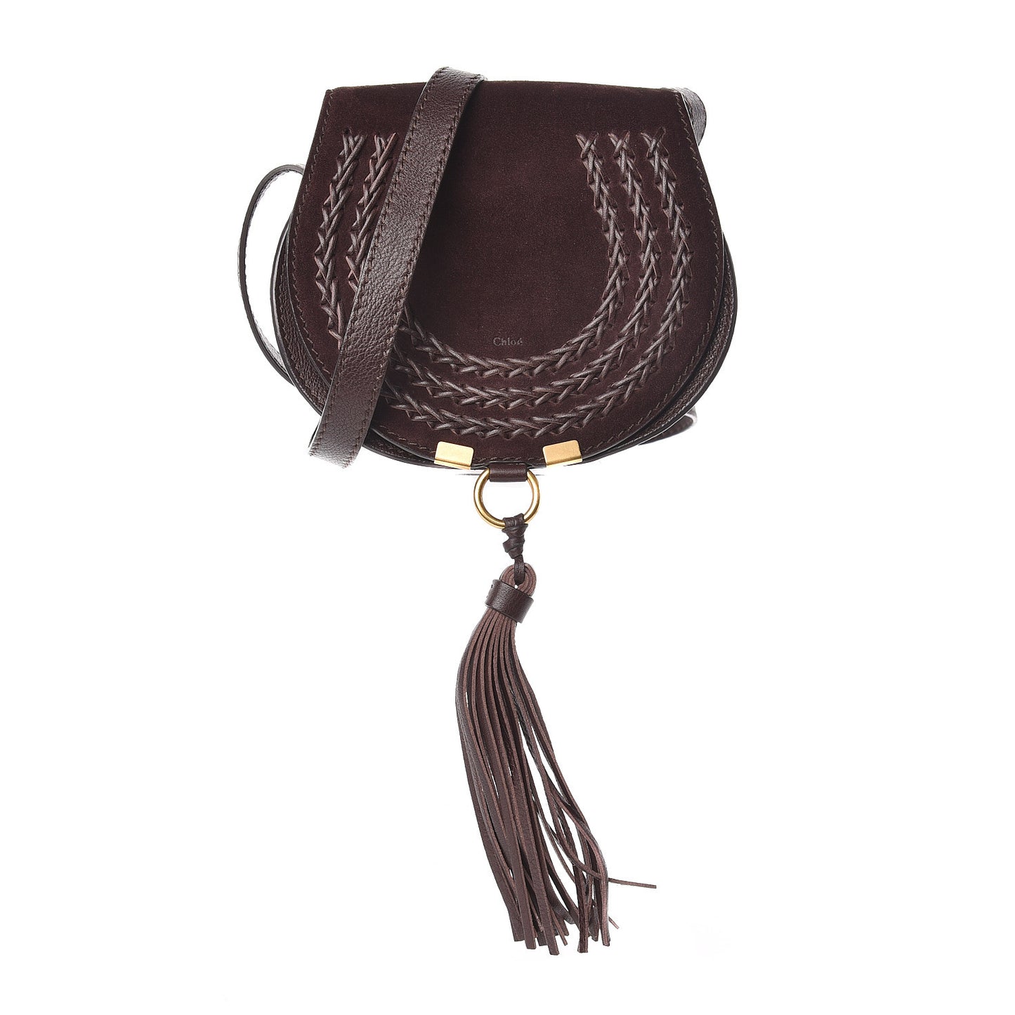 Suede Calfskin Braided Mini Marcie Round Crossbody Bag Carbon Brown