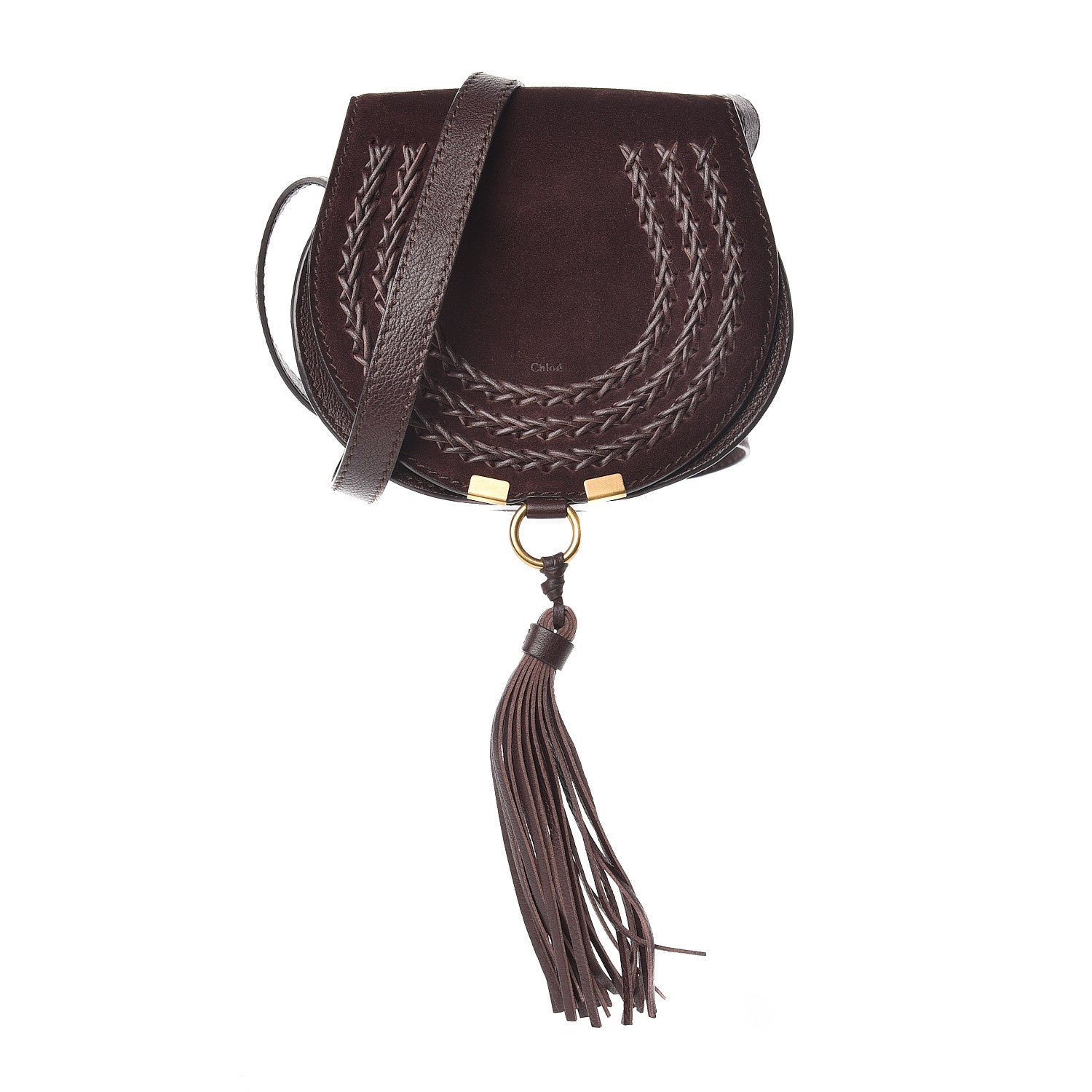 Chloe Suede Calfskin Braided Mini Marcie Round Crossbody Bag Carbon Brown 1 of 10
