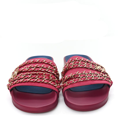 Chanel Satin Canvas Chain Slides Sandals Flats 40 Dark Fuchsia 3 of 9