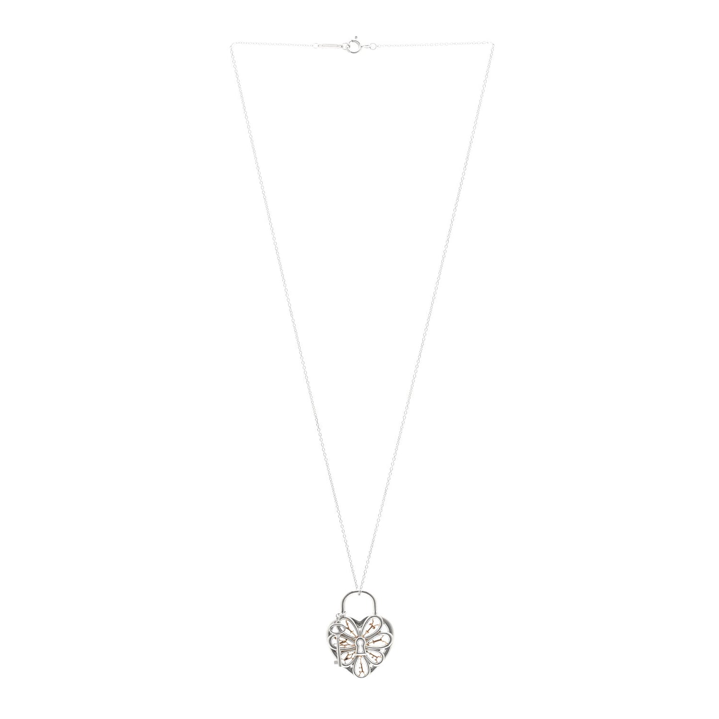 Sterling Silver 18K Rose Gold Filigree Heart Key Pendant Necklace