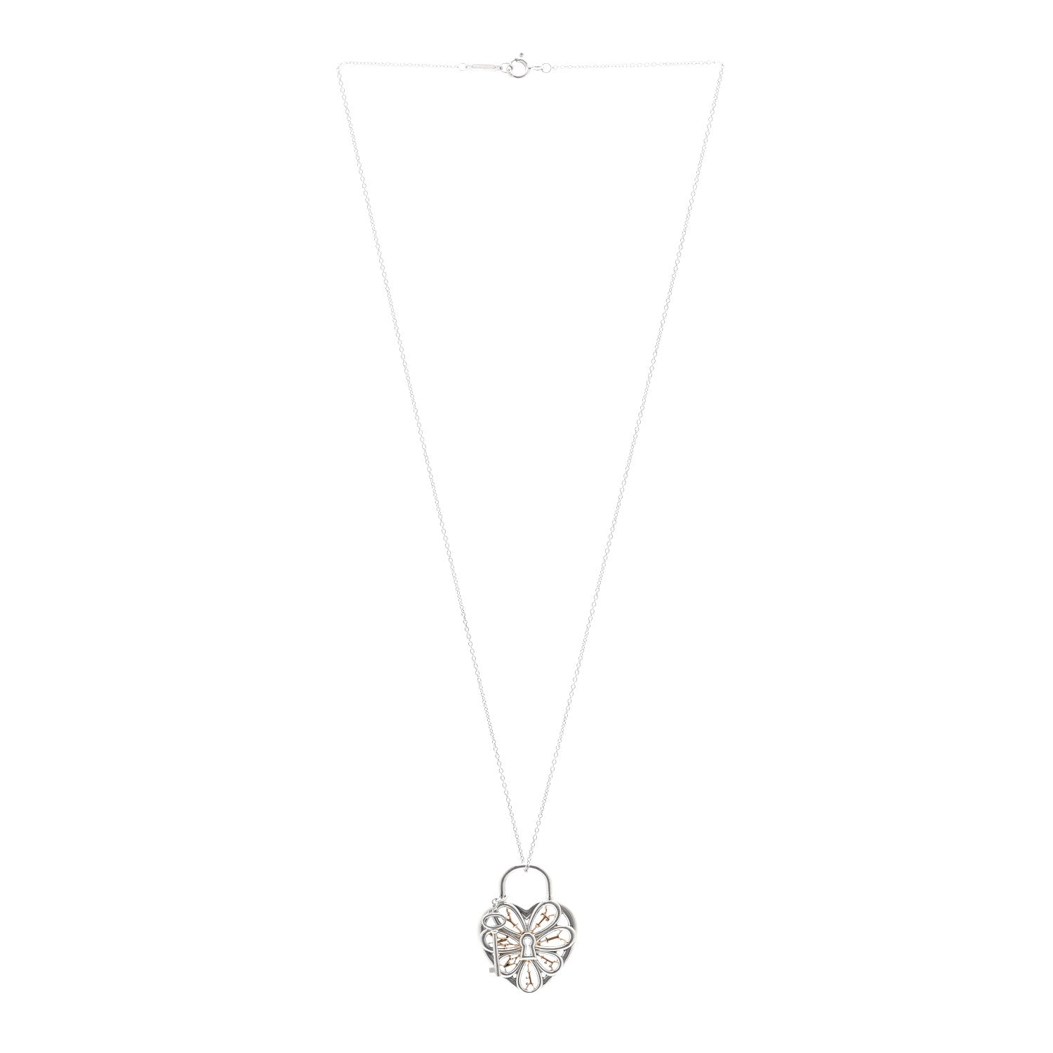 Tiffany Sterling Silver 18K Rose Gold Filigree Heart Key Pendant Necklace 3 of 5
