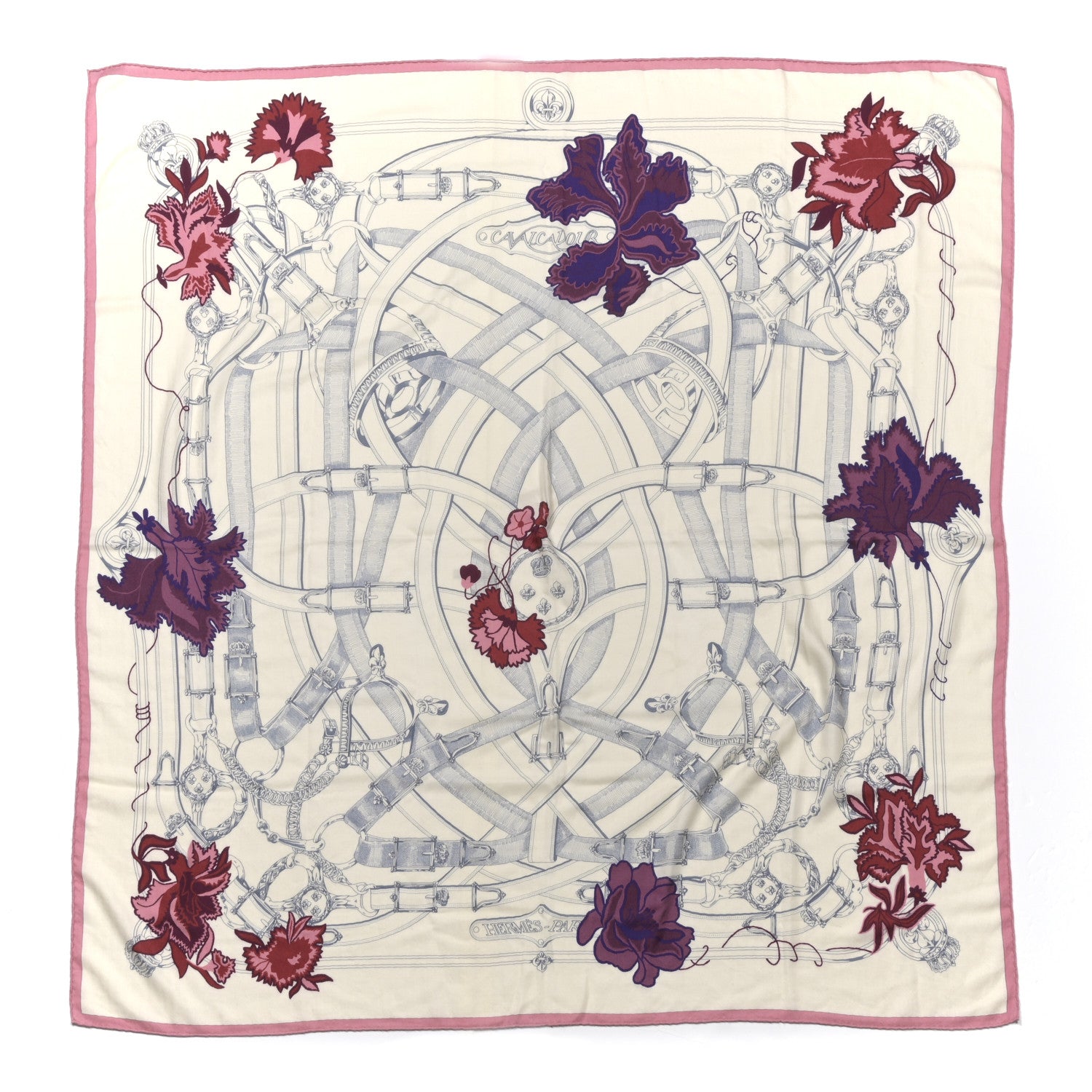 Hermes Cashmere Silk Cavalcadour Shawl 140 Blanc Violet Rose 1 of 7