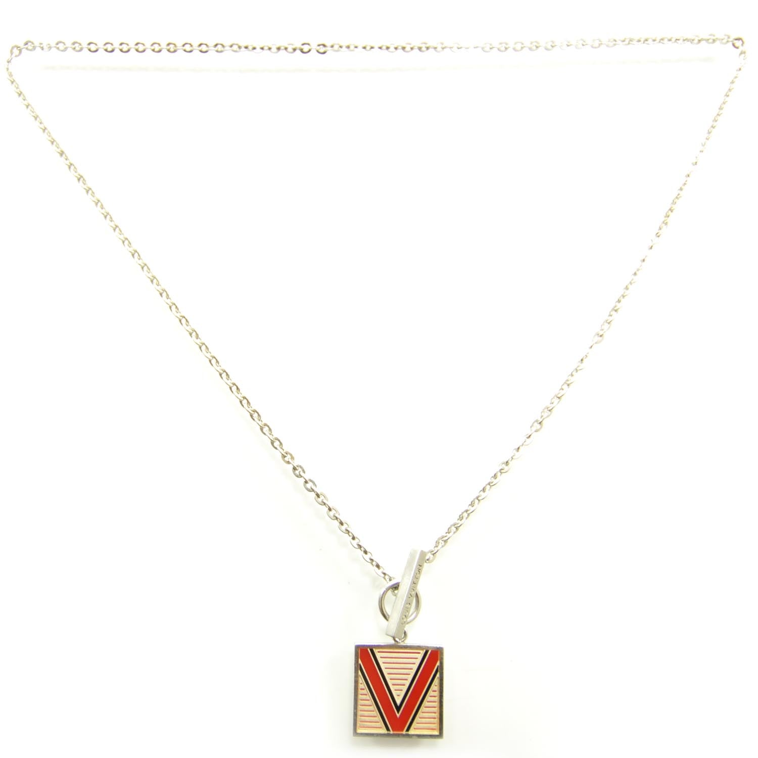 Louis Vuitton Mens Silver Geometrique V Toggle Necklace Red 1 of 4