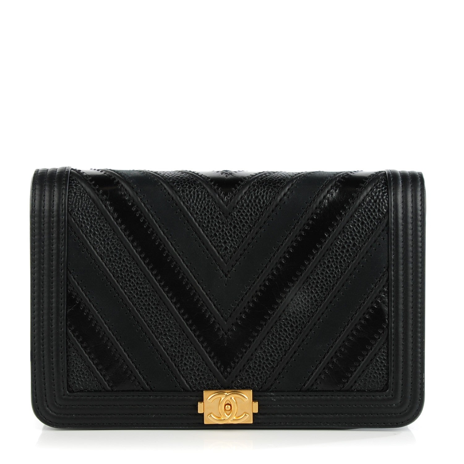 Chanel Calfskin Caviar Chevron Quilted Medium Mixed Boy Wallet On Chain WOC Black 1 of 9