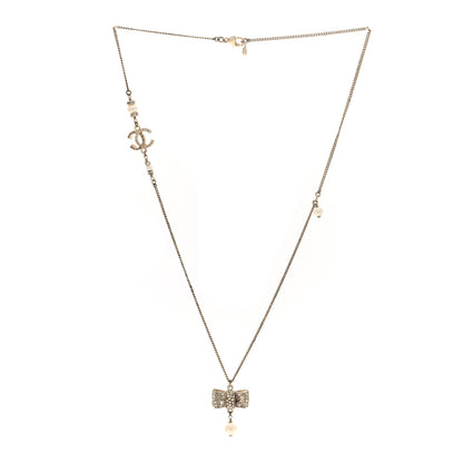 Chanel Metal Crystal Pearl CC Bow Necklace Gold 3 of 6