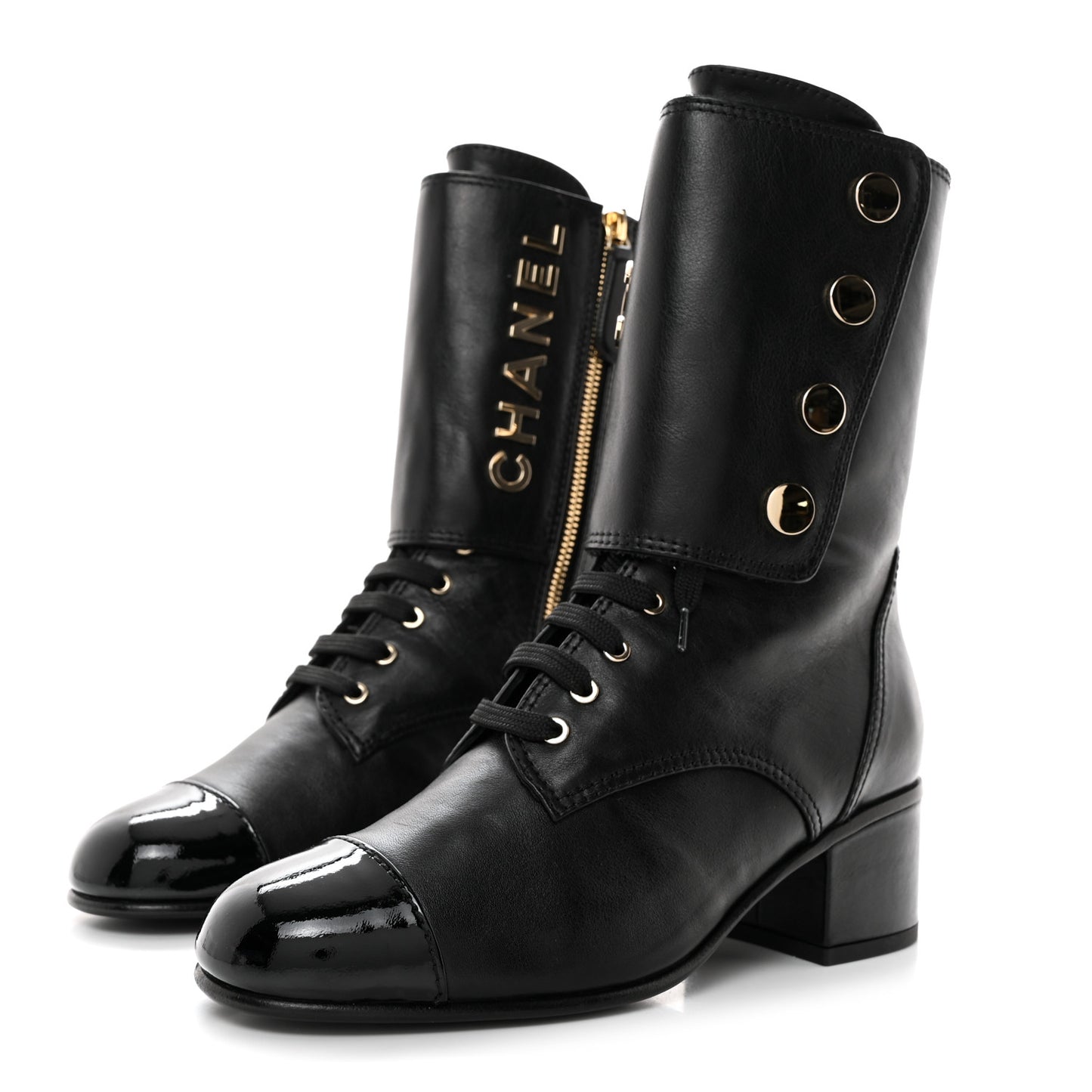 Calfskin Patent Cap Toe CC Lace Up Boots 38.5 Black