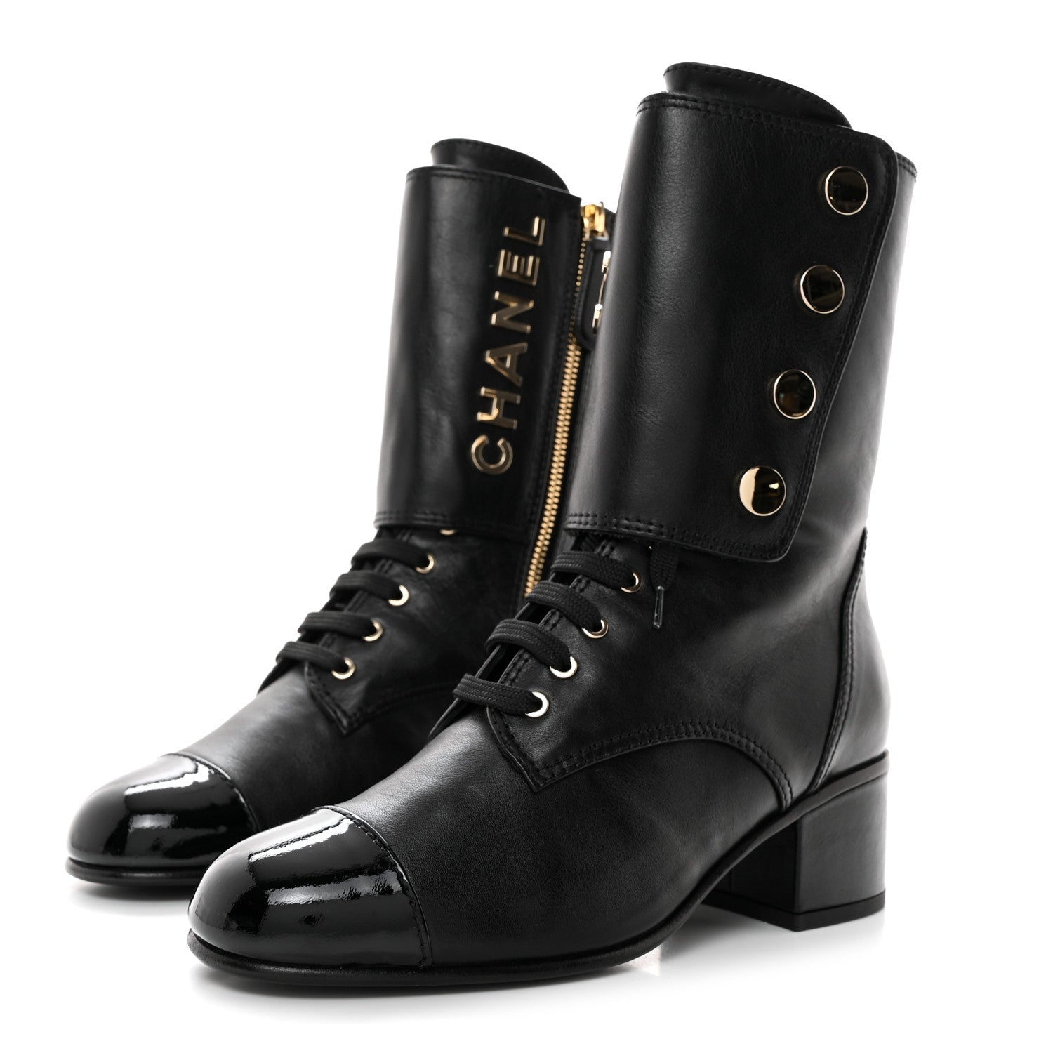 Chanel Calfskin Patent Cap Toe CC Lace Up Boots 38.5 Black 3 of 8