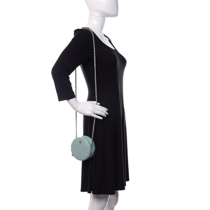 Chanel Caviar Camellia Embossed Round Clutch With Chain Light Blue 2 of 10