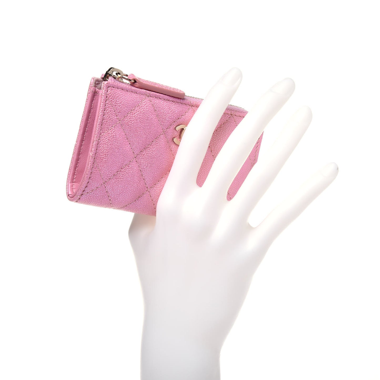 Iridescent Caviar Quilted Zipped Key Holder Case Rose Pink