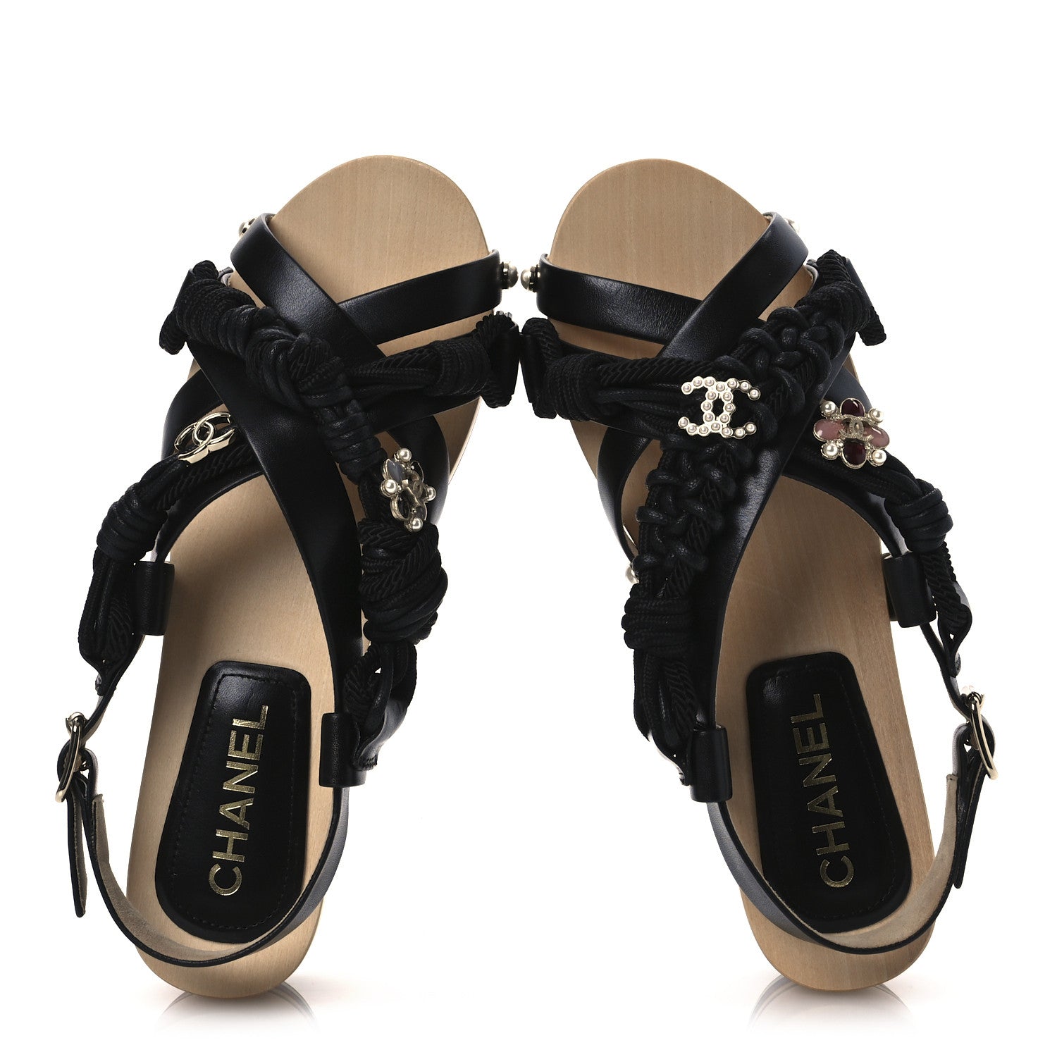 Chanel Calfskin Cord Pearl CC Sandals 38 Black 2 of 11