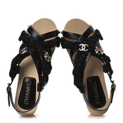 Chanel Calfskin Cord Pearl CC Sandals 38 Black 2 of 11