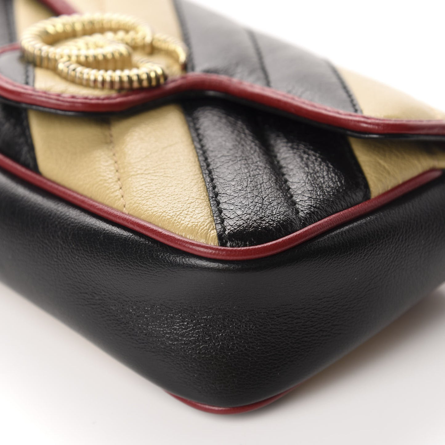 Vintage Effect Calfskin Matelasse Diagonal Striped Super Mini Torchon GG Marmont Shoulder Bag Black Beige