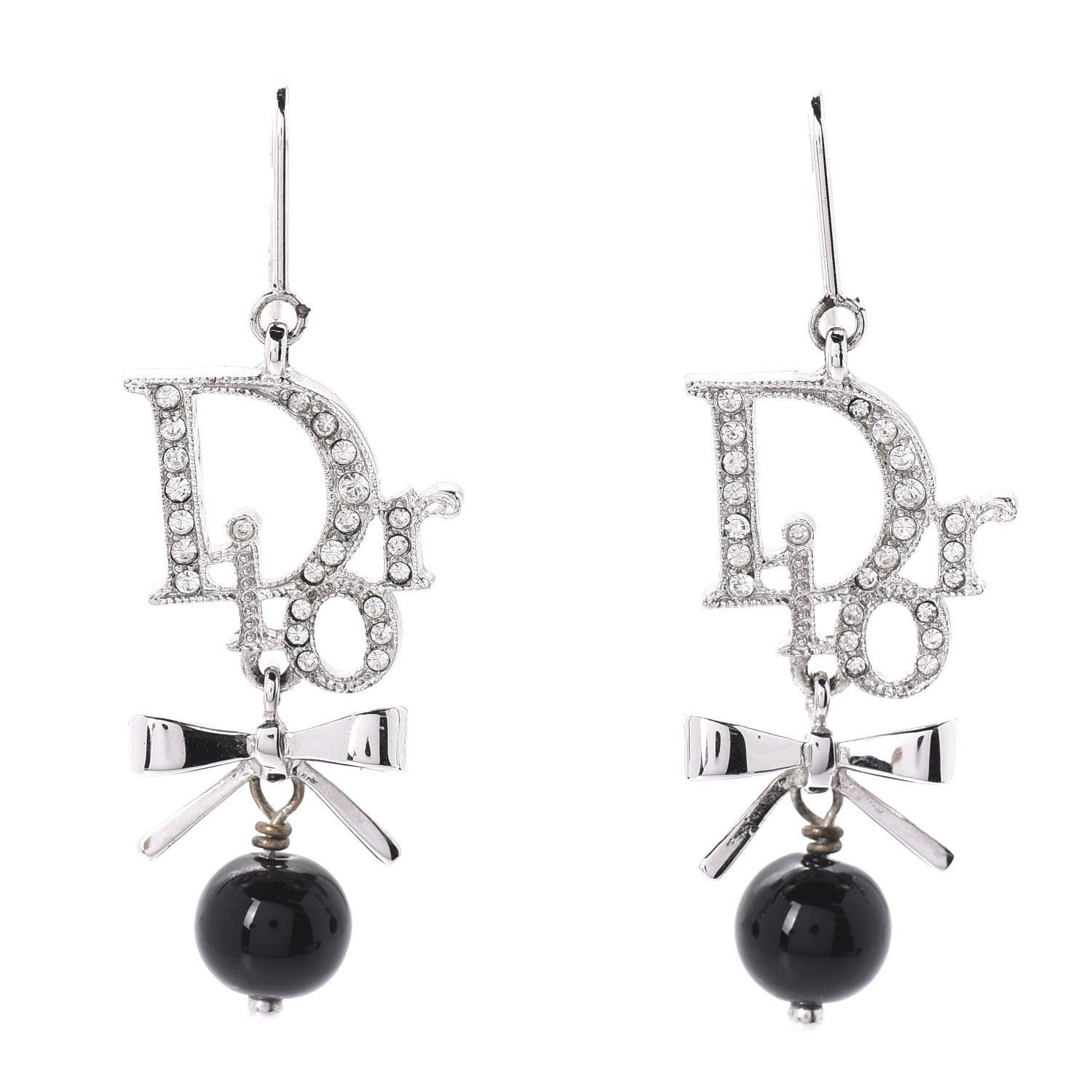Christian Dior Crystal Logo Bow Drop Earrings Black 1 of 4