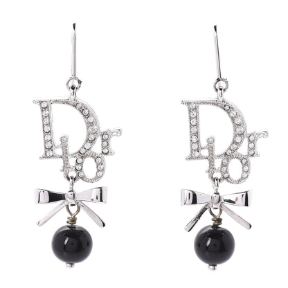 Christian Dior Crystal Logo Bow Drop Earrings Black 1 of 4