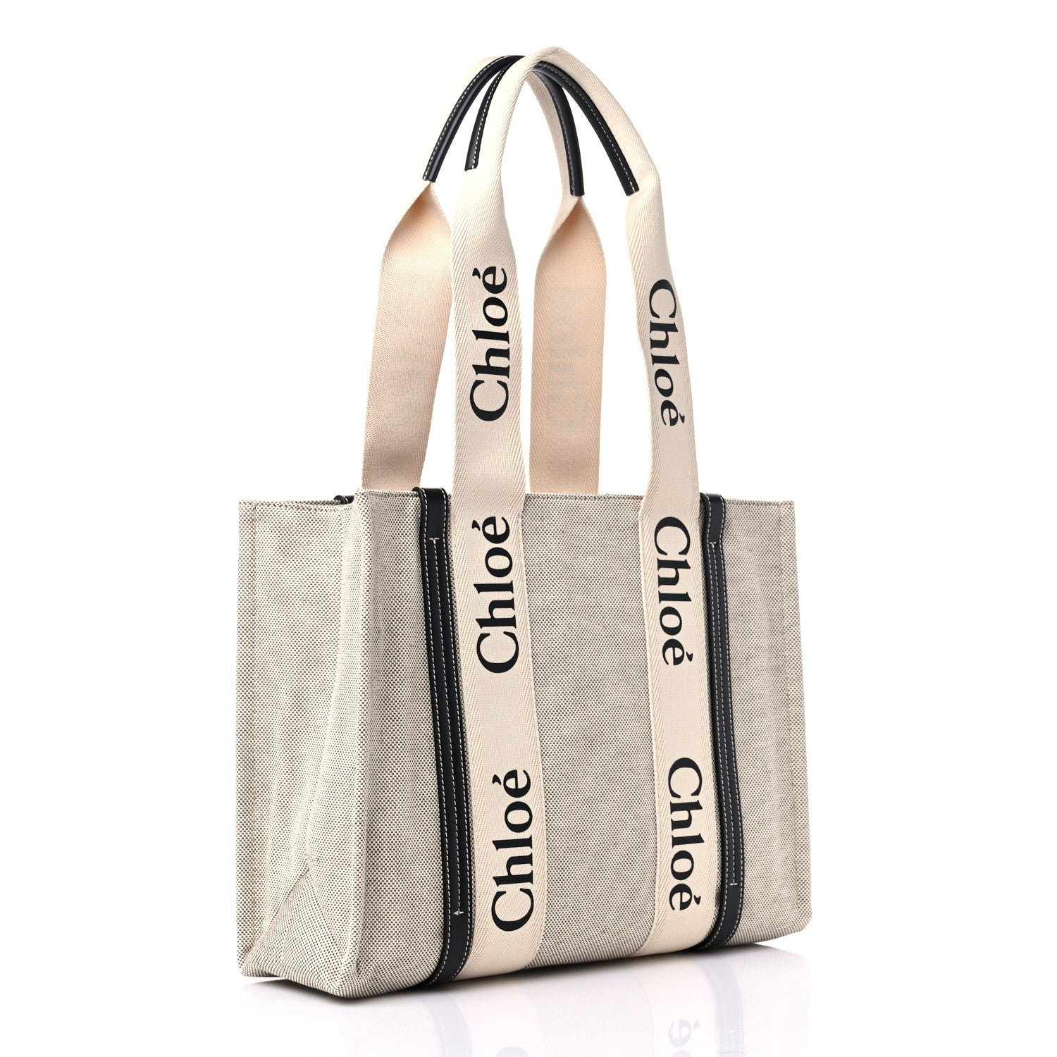 Chloe Cotton Calfskin Medium Woody Ribbon Tote White Black 3 of 10