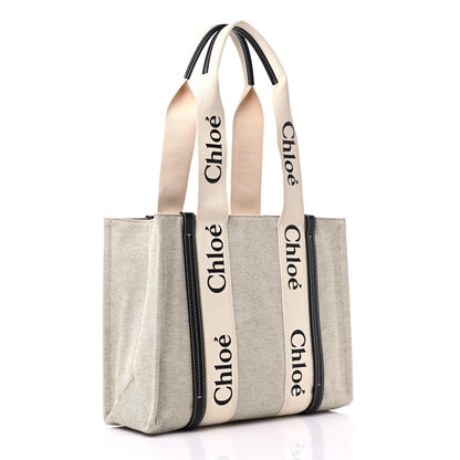Chloe Cotton Calfskin Medium Woody Ribbon Tote White Black 3 of 10