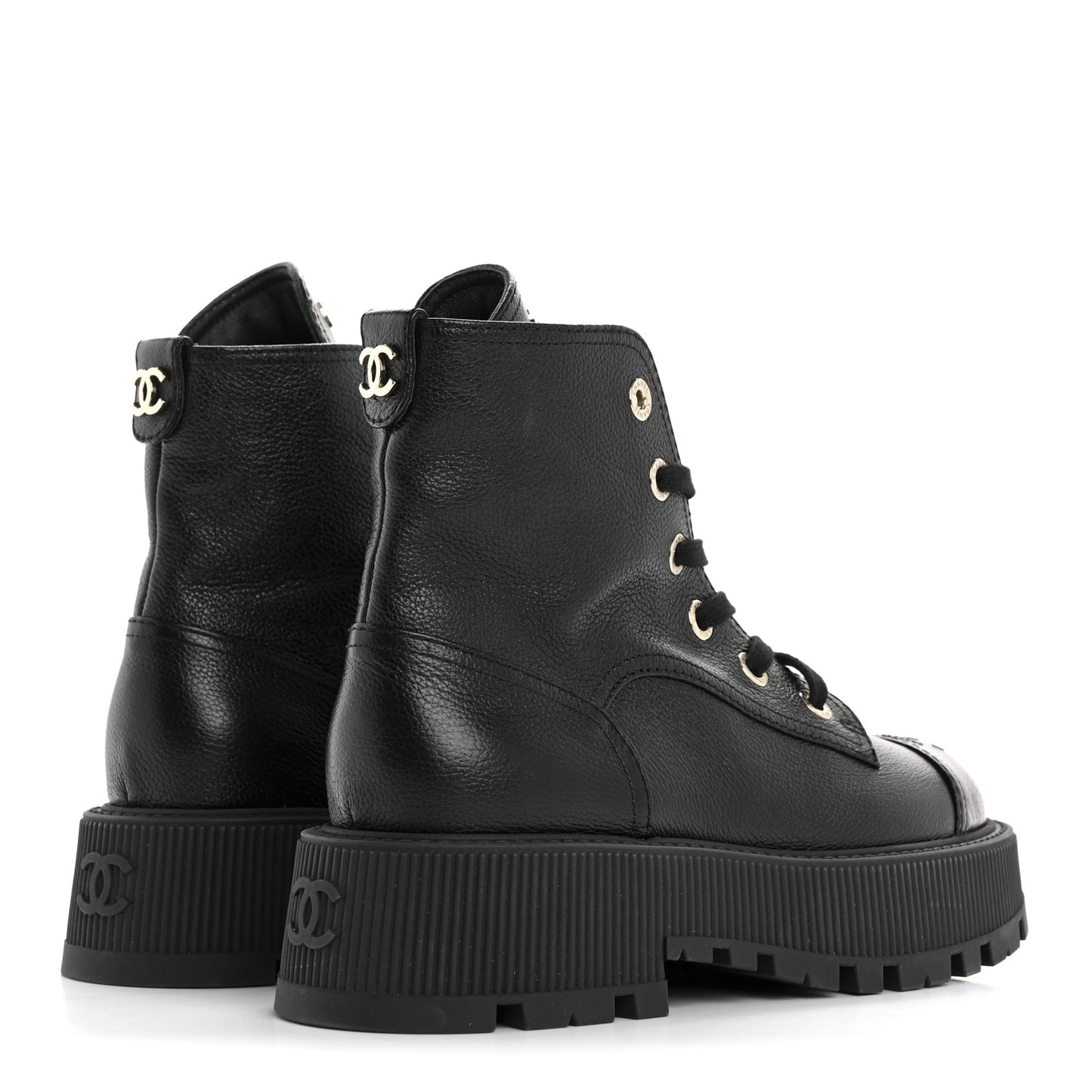 Grained Calfskin Shiny Calfskin CC Lace Up Combat Boots 37.5 Black