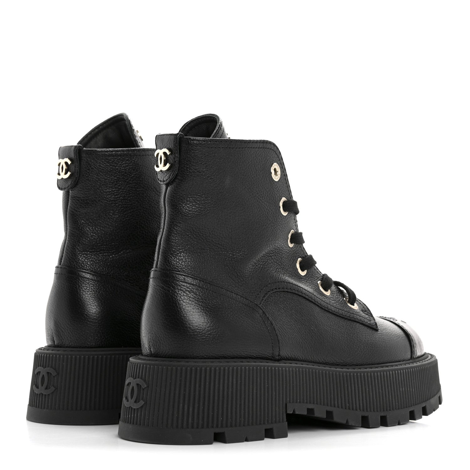 Chanel Grained Calfskin Shiny Calfskin CC Lace Up Combat Boots 37.5 Black 5 of 10