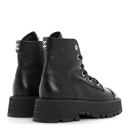 Chanel Grained Calfskin Shiny Calfskin CC Lace Up Combat Boots 37.5 Black 5 of 10