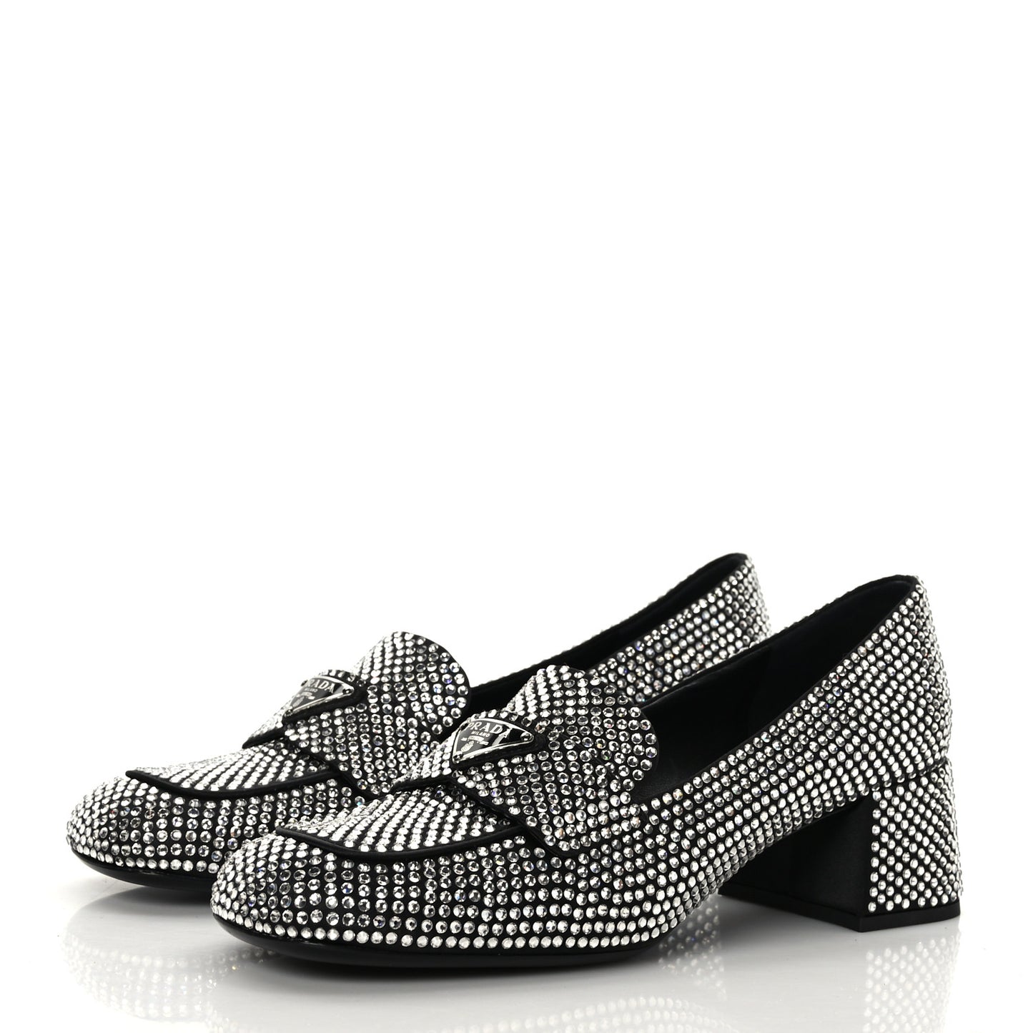 Satin Crystal Metal Triangle Logo 45mm Block Heel Loafers 36.5 Cristal