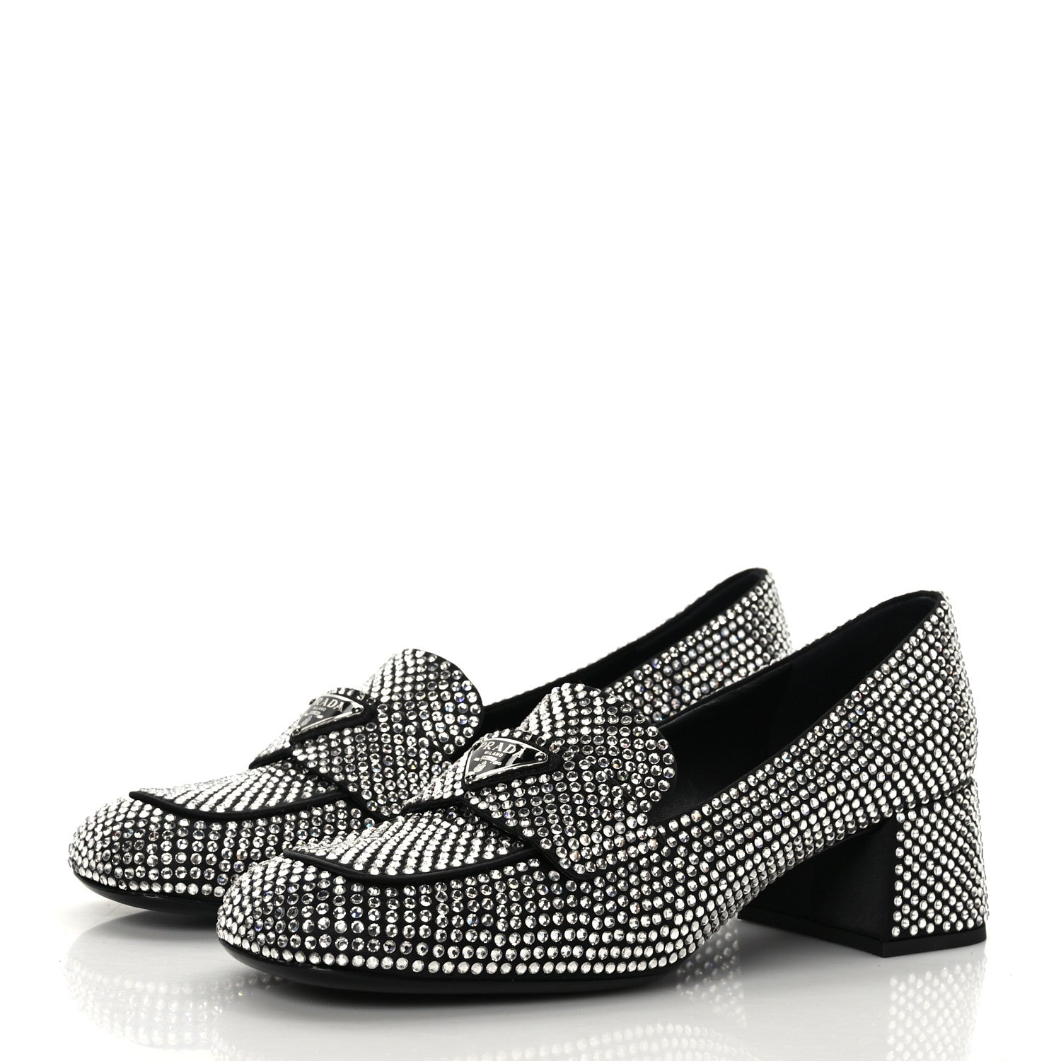 Prada Satin Crystal Metal Triangle Logo 45mm Block Heel Loafers 36.5 Cristal 3 of 7