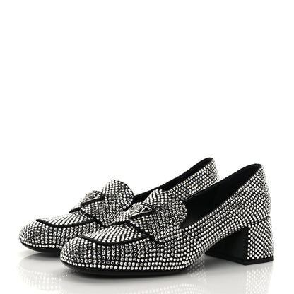 Prada Satin Crystal Metal Triangle Logo 45mm Block Heel Loafers 36.5 Cristal 3 of 7