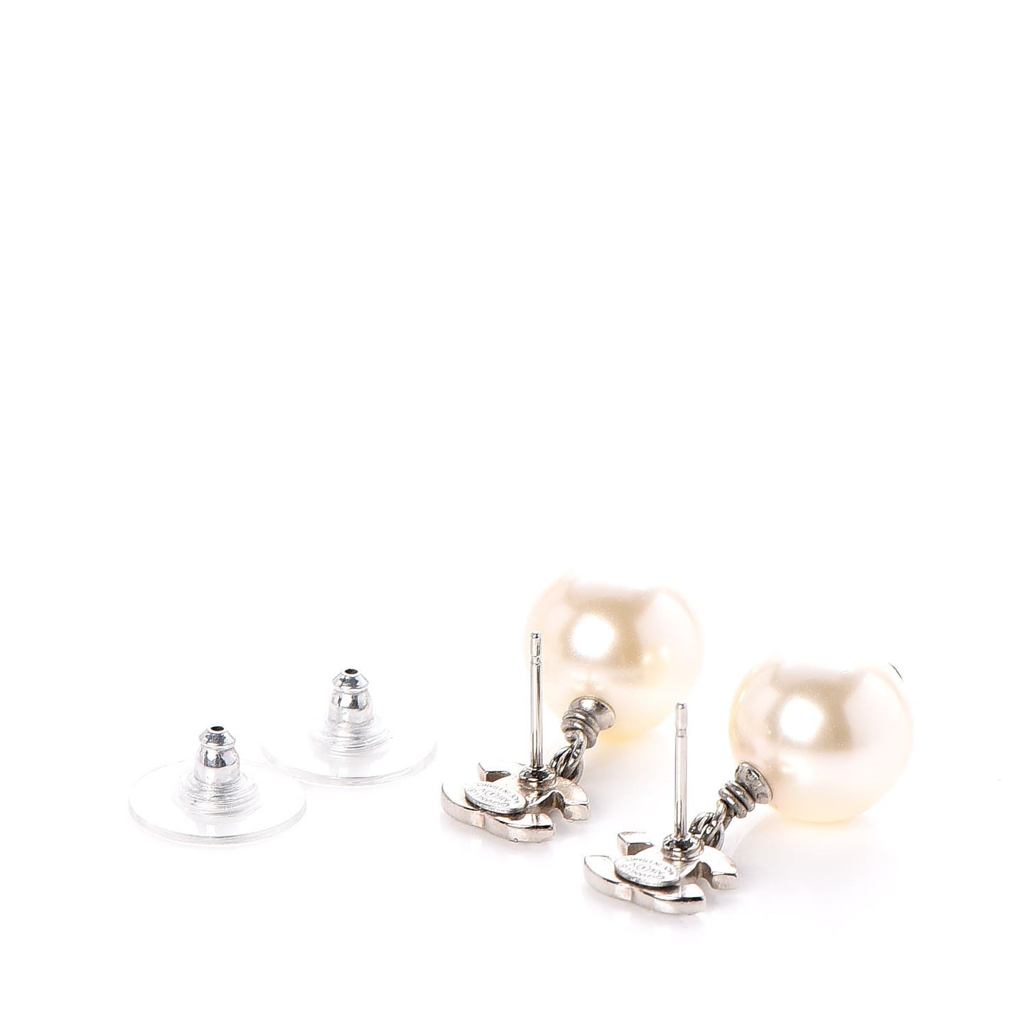 Crystal Pearl CC Drop Earrings Silver