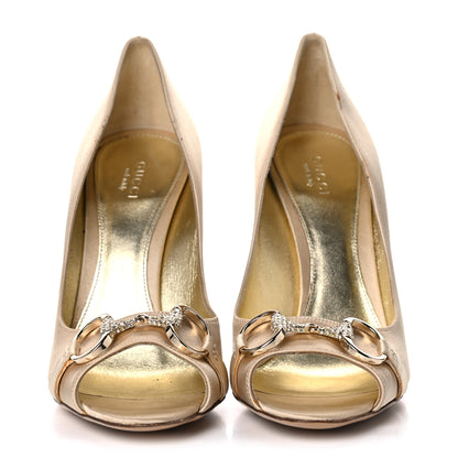 Gucci Satin Crystal Peep Toe Pumps 8 Champagne 2 of 19