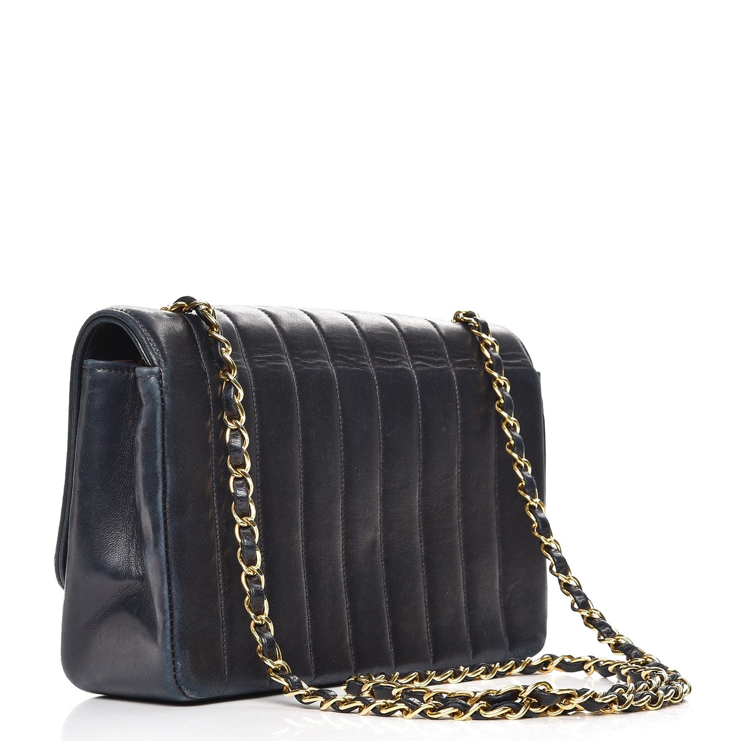 Lambskin Vertical Quilted Medium Single Flap Navy